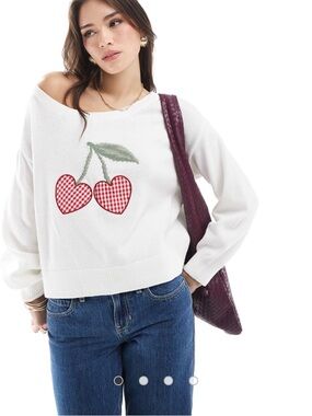 Abercrombie & Fitch White Off-the-Shoulder Cherry Sweater